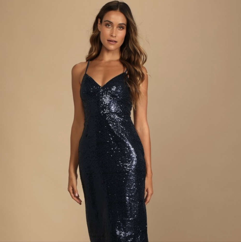 Sparkly Radiance Navy Blue Sequin Sleeveless Midi Dres
